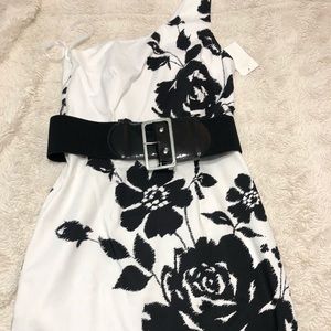 White and black one shoulder dress